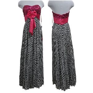 Night Moves Strapless Polka-Dot Formal Maxi Dress Front Bow Tie S 8 Fuschia NWT